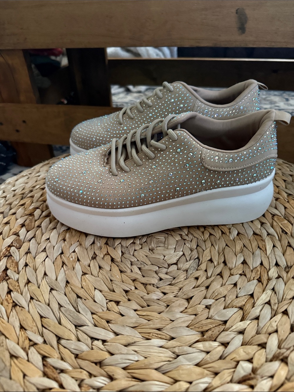 Beige Rhinestone Platform Lace-Up Sneakers for Women